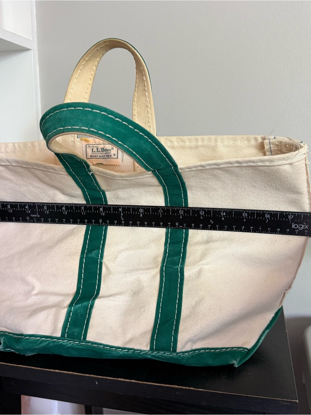 LLBean Vintage 70's/80's Canvas Tote Beige W/ Green Trim Scalloped Tag - Picture 9 of 9